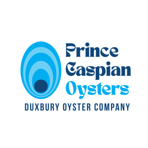 Logo for Prince Caspian Oysters, Duxbury Oyster Company, with a stylized blue oyster emblem and dark blue text.