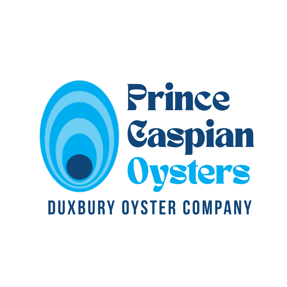 Logo for Prince Caspian Oysters, Duxbury Oyster Company, with a stylized blue oyster emblem and dark blue text.