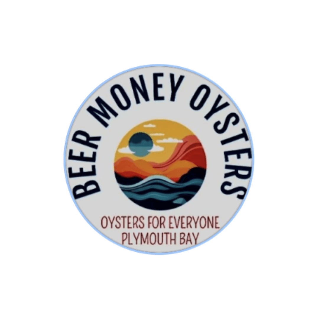 Logo for 'Beer Money Oysters' Plymouth Bay featuring a sunset over stylized waves and the slogan 'Oysters for Everyone'.
