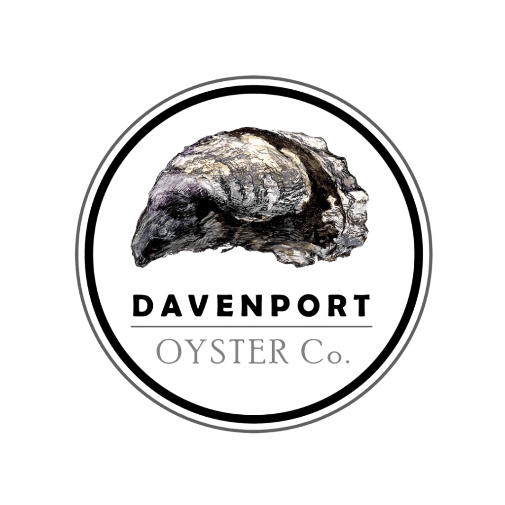 Circular Davenport Oyster Co. logo featuring a textured oyster rock inside a double-ring frame.