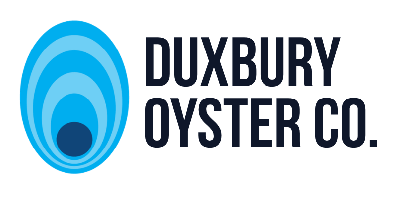 Duxbury Oyster Co. logo featuring a blue concentric oyster shape on the left and dark blue text on the right, brand mark for the company.