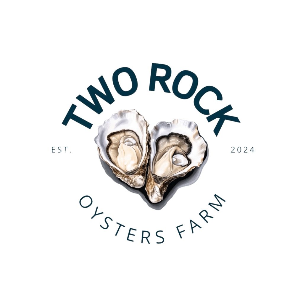 Heart-shaped pair of oyster shells at the center, framed by curved text reading 'TWO ROCK' above and 'OYSTERS FARM' below, with 'EST. 2024' on the sides.
