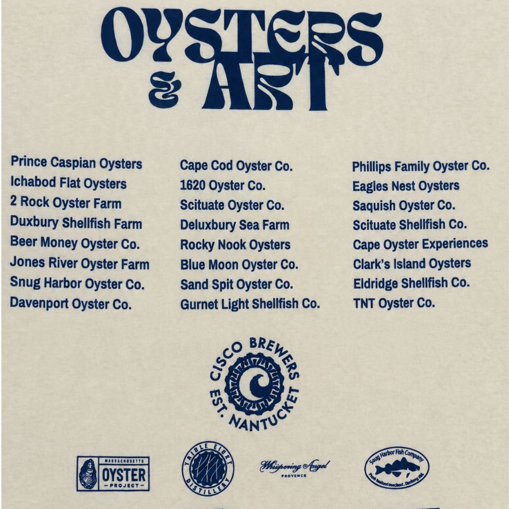 Shuckfest 2026 T-shirt back featuring Oysters & Art graphic and participating oyster farms